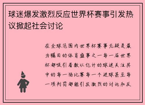 球迷爆发激烈反应世界杯赛事引发热议掀起社会讨论