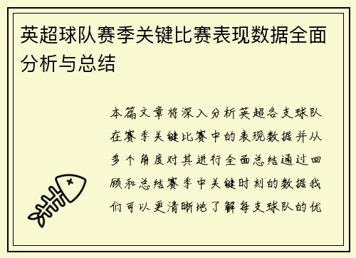 英超球队赛季关键比赛表现数据全面分析与总结